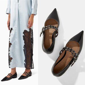 GANNI Buckled Pointed Toe Mary Jane Ballet Flat Size 38 8 Black Faux Leather NEW